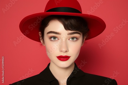 Stylish Portrait of a Woman with Classic Makeup Against a Red Background