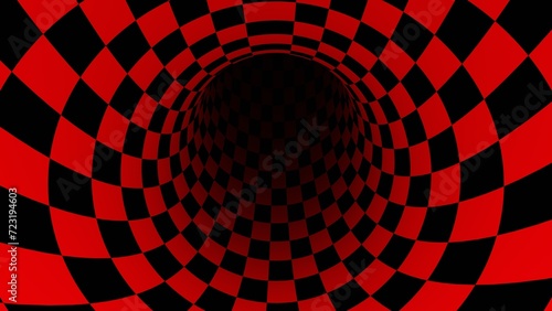 3d red and black checkered tunnel creates a flowing optical illusion background. Surreal visual experience. 
