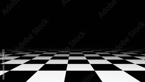 3d abstract black and white checkered board background. Chess tiles black glow blur. photo