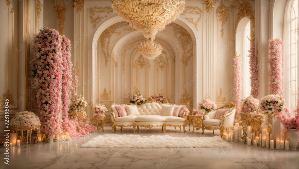 A beautiful room decorated in light tones for Valentine's Day, a wedding, or a birthday.
