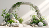 an arch decorated with plants and rocks in
