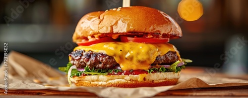 Freshly made tasty looking cheeseburger with beef meat.