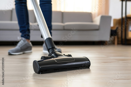 Man using cordless vacuum cleaner to clean laminate flooring photo