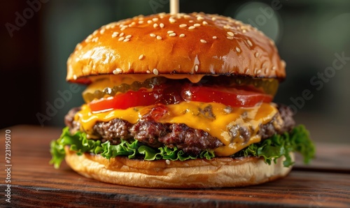 Freshly made tasty looking cheeseburger with beef meat.