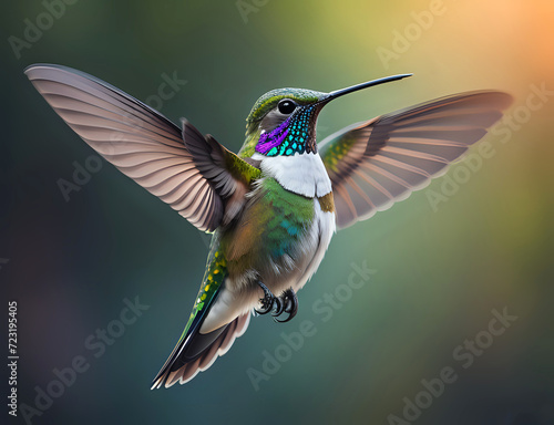 fliegender Kolibri mit blau lila Hals und weißer Brust