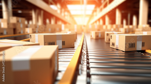 conveyor belt in a distribution warehouse with row of cardboard box packages for e-commerce delivery and automated logistics AI GENERATIVE  © Rofiqul