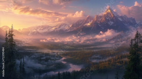 Misty Mountain Sunrise Landscape