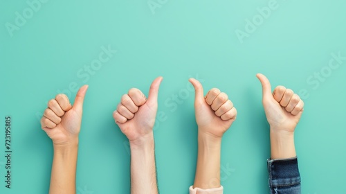 Human hands showing thumbs up isolated on turquoise background. Gesture and body parts concept. photo