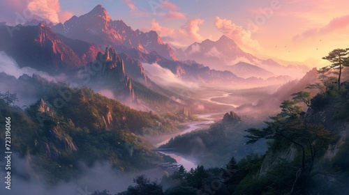 Sunrise Over Foggy Mountain Valley Illustration