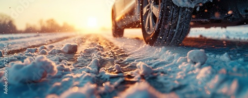 Closeup side view of car with winter tires on a road covered with snow, blurry snowy background.