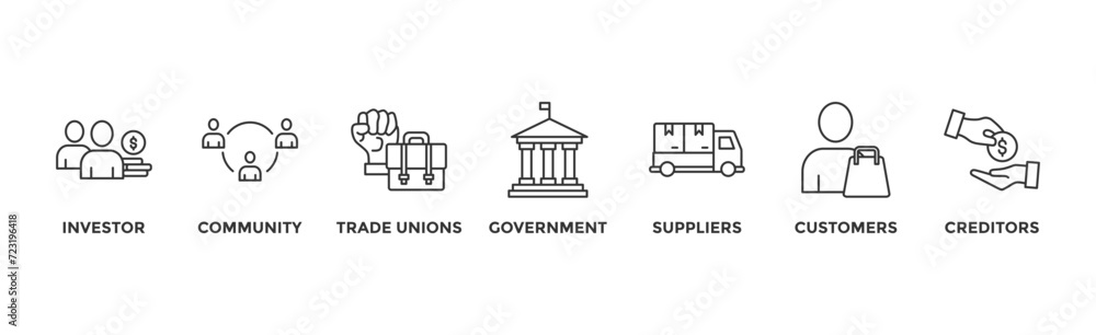 Stakeholder relationship banner web icon vector illustration concept for stakeholder, investor, government, and creditors with icon of community, trade unions, suppliers, and customers