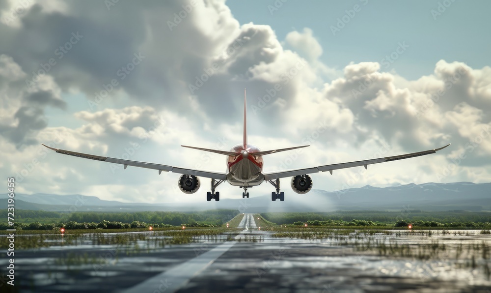 Fototapeta premium An airplane is landing on runway, amazing afternoon sun shining background .