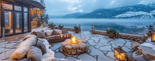 Wide angle view of a large outdoor patio with fireplace with rock pavers. beautiful blue lake and huge mountain with snow on background. photo