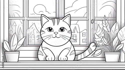 Coloring book for children cat sitting on the windowsill Anti-stress coloring book for children and adults.