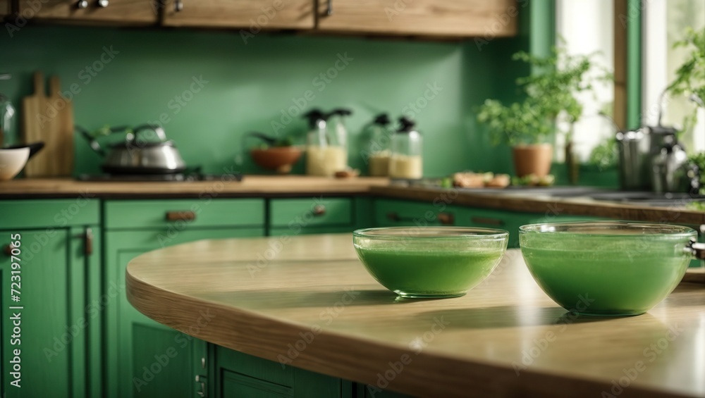 Vintage green kitchen furnishings on a countertop with a fuzzy backdrop
