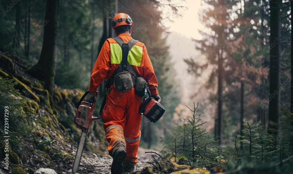 Shot of lumberjack who goes through amazing forest holding chainsaw wearing orange suit and safety helmet. Shot of lumberjack who goes through amazing forest holding chainsaw wearing orange suit and safety helmet.