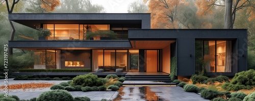 Modern gray stone home with...