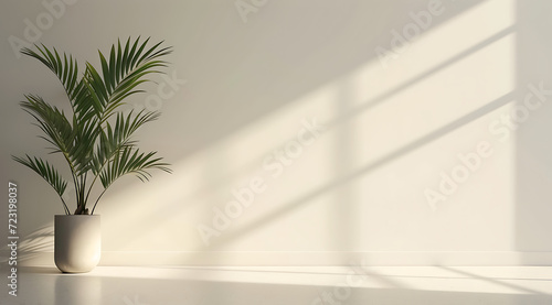 an empty room with a potted plant and white walls in 