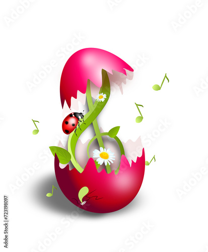 Grass treble clef with ladybug and daisy in easter egg