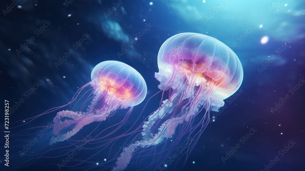 Two jellyfish swimming in an ocean-like background. The jellyfish have long, flowing tentacles and are illuminated by a pink light from above.