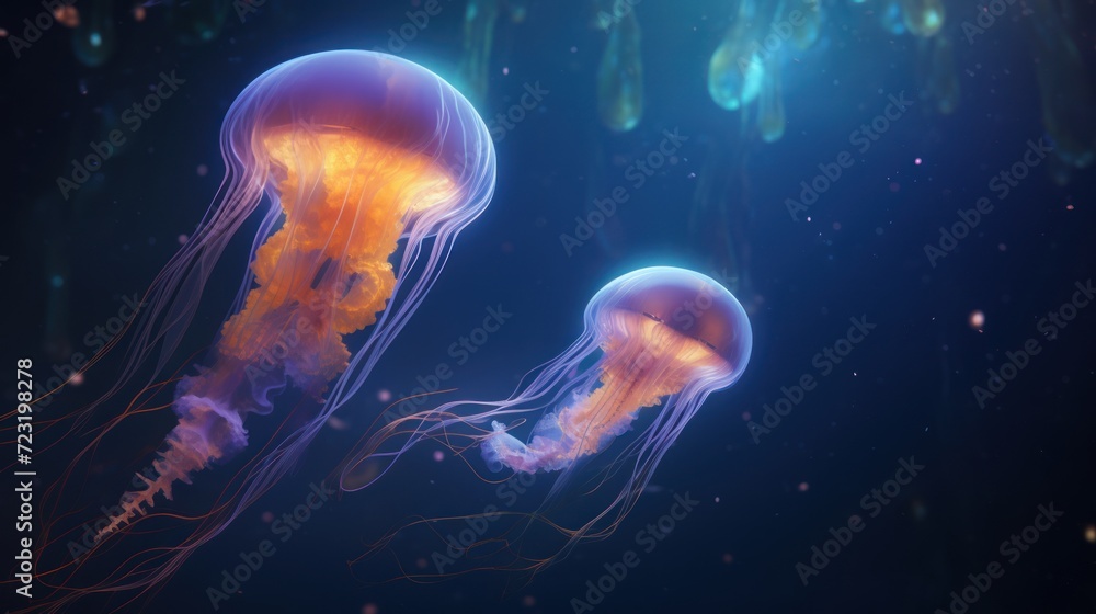 Two jellyfish swimming in the deep blue sea. The background is dark blue with a few bright lights shining on top. They have long, flowing tentacles.