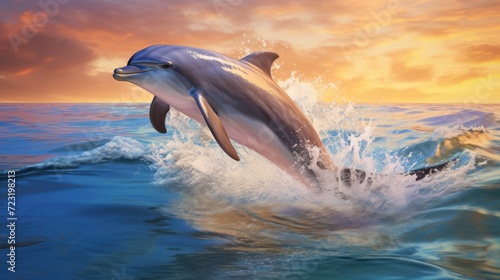 A dolphin jumps out of the water with a sunset in the background. © ProPhotos