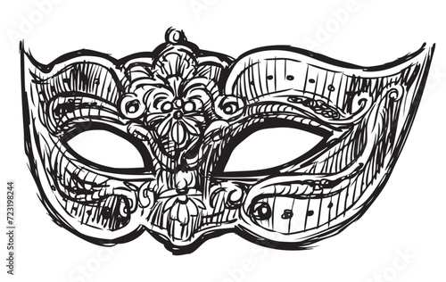 Sketch of single decorative carnival face mask for masquerade, party, vector hand drawing isolated on white