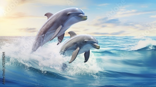 Two dolphins are jumping out of the water on a sunny day. The sky is blue with some clouds  and the sun is shining brightly. The dolphins are grey  and their noses are yellow.
