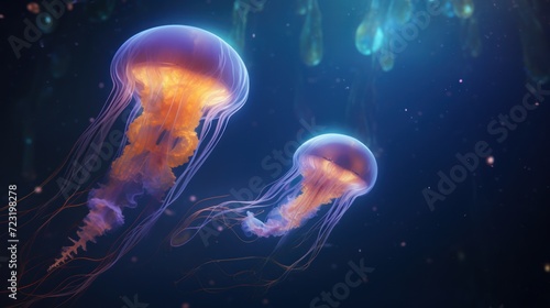 Two jellyfish swimming in the deep blue sea. The background is dark blue with a few bright lights shining on top. They have long, flowing tentacles. © ProPhotos