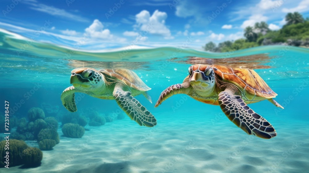 Two sea turtles are swimming in the ocean. They are in front of a coral ...
