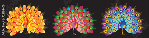 Vector illustration of three decorative fairy tale colorful peacocks with opened tails 