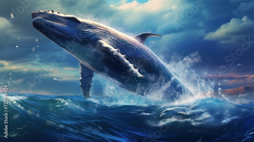 A blue whale jumps out of the water with a spray of water around its head. The sky is blue with white clouds. photo