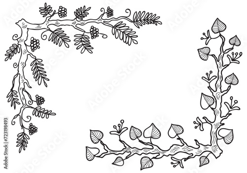 Vector outline drawing of decorative corners from rowan and linden branches, design elements for decorating backgrounds,greeting cards