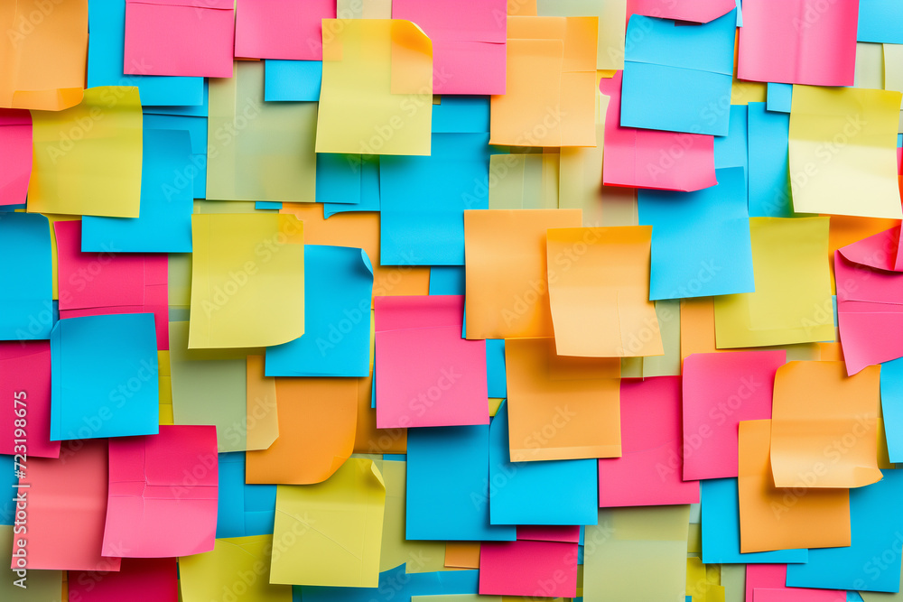 Colorful abstract background pattern of empty sticky notes, colorful set of blank sticky notes stick on the wall, colorful empty blank sticky notes pasted on an office notice board, blank note paper Colorful abstract background pattern of empty sticky notes, colorful set of blank sticky notes stick on the wall, colorful empty blank sticky notes pasted on an office notice board, blank note paper