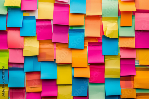 Colorful abstract background pattern of empty sticky notes, colorful set of blank sticky notes stick on the wall, colorful empty blank sticky notes pasted on an office notice board, blank note paper photo