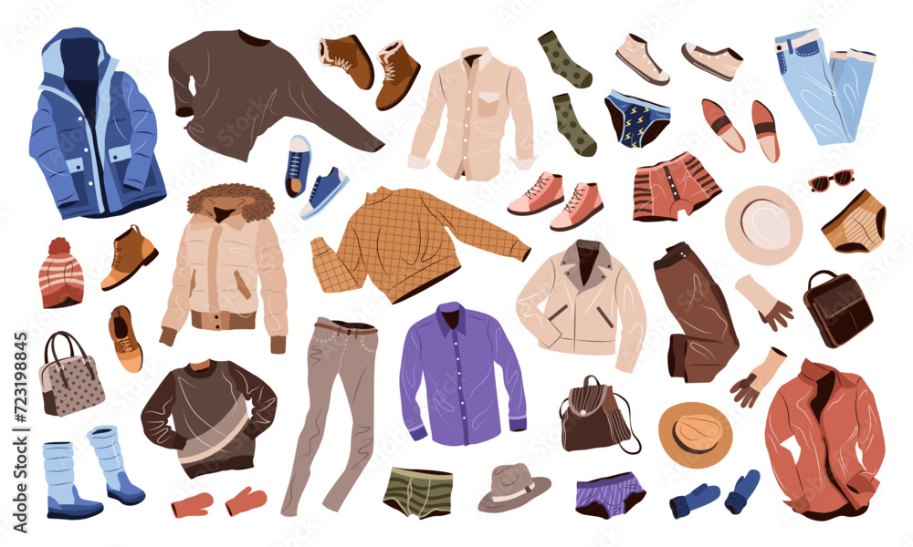 Men's clothing set in casual style. Fashion clothes, underwear, accessories, shoes, bags for fall and winter. isolated flat vector illustrations on white background.