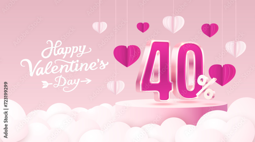Happy Valentine day, Mega sale, special offer, 40 off sale banner. Sign board promotion. Vector illustration