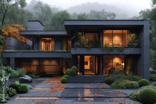 Modern gray stone home with...