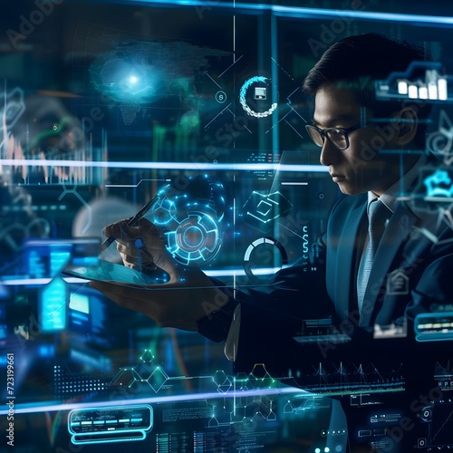 A futuristic cyberpunk scene featuring a businessman using a pen to command AI and analyze marketing business data in a cyber system. 