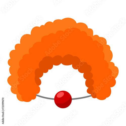Clown orange curly wig and red nose with threads flat style. Children carnival costume, props for masquerade, holiday party. Photo booth prop. Vector illustration
