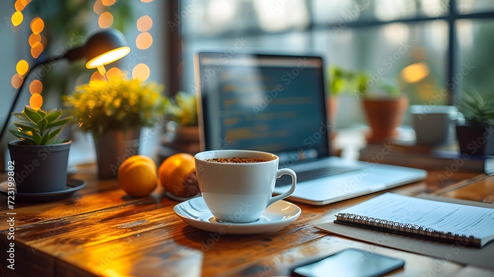 Warm Coffee Cup on a Wooden Work Desk with Soft Focus Background Warm Coffee Cup on a Wooden Work Desk with Soft Focus Background