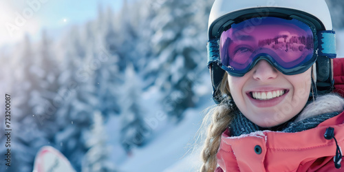 young beautiful girl in a snowboard mask in a winter sports suit against the backdrop of a snowy ski resort, woman, skiing, mountains, portrait, eyes, close-up, vacations, holiday, active recreation