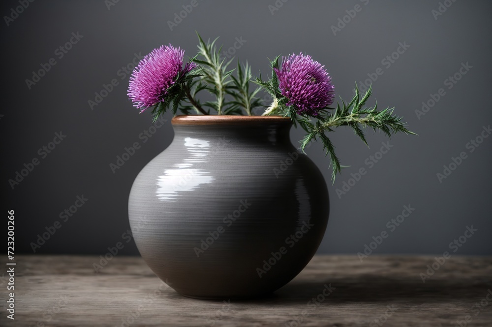 Modern ceramic vase with thistle flower on gray background Modern ceramic vase with thistle flower on gray background