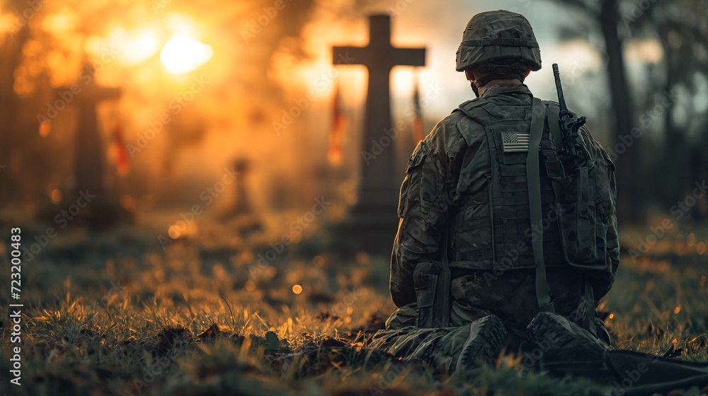 16:9 or 9:16 Soldiers sit on their knees to mourn the soldiers who died in the war on Memorial Day or Victory Day