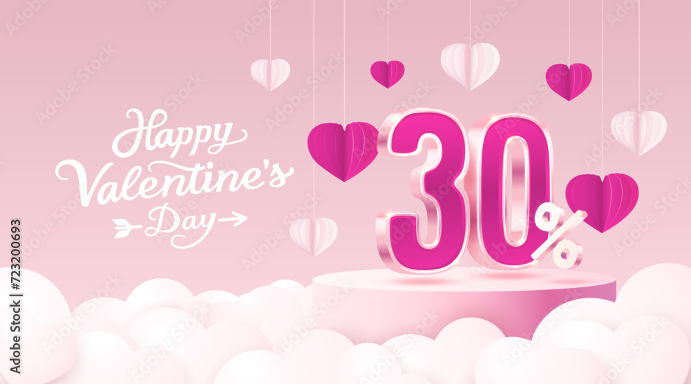 Happy Valentine day, Mega sale, special offer, 30 off sale banner. Sign board promotion. Vector illustration