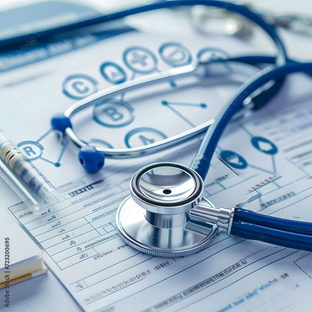 Close-up of a health insurance form with medical welfare concept, stethoscope, and healthcare medical icons. Close-up of a health insurance form with medical welfare concept, stethoscope, and healthcare medical icons.