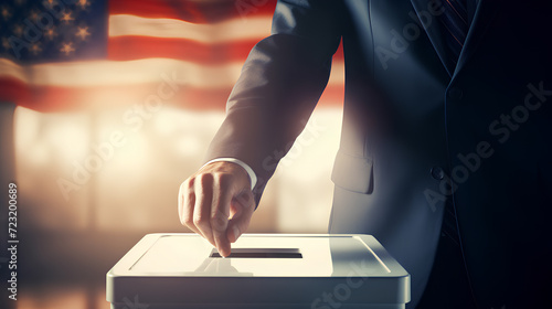  hand placing a ballot into a sealed ballot box, US presidential election.