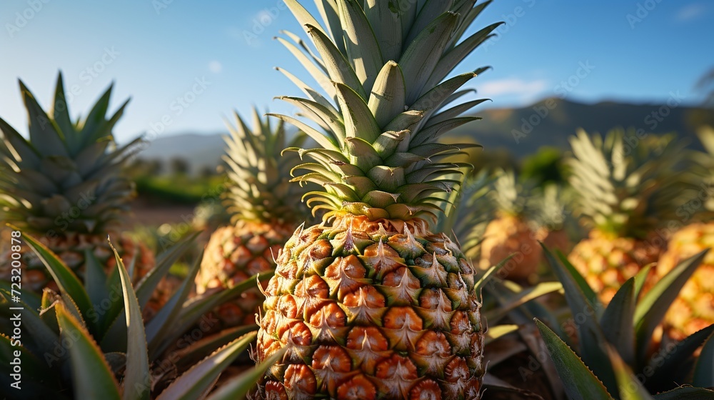 Green fresh pineapples in bright yellow market light background Green fresh pineapples in bright yellow market light background