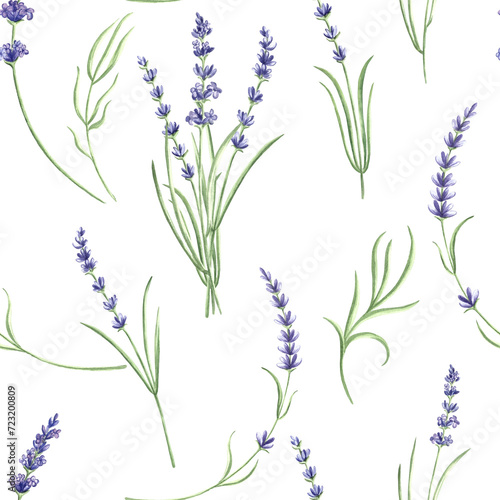 Seamless pattern with purple lavender flowers. Watercolor hand drawn illustration background with floral plants stylized. Template for fabriks and wallapaper  scrapbooking  tiled  covers and textaile