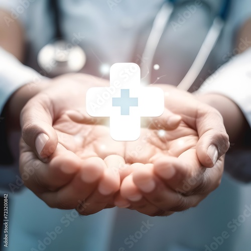 Close-up shot of diverse hands holding a plus sign and healthcare medical icon, representing the concept of health access and insurance.